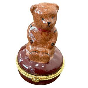Handcrafted Silvestri Teddy Bear Trinket Box With Gold Trim & Porcelain Interior